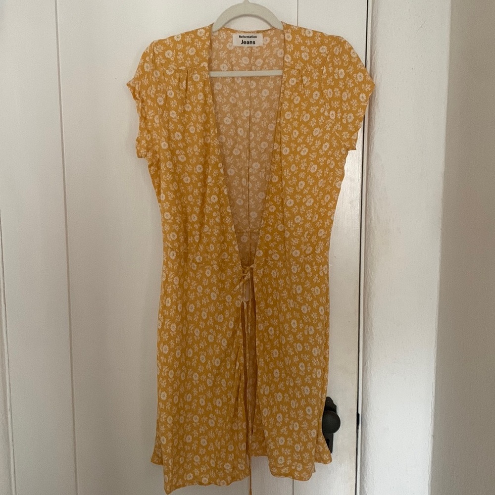 Reformation Yellow Floral Wrap Dress